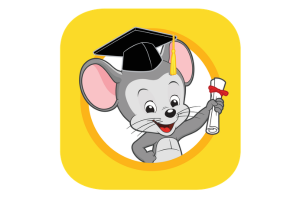 Logo for abc mouse with a gray mouse wearing a black graduation cap and holding a diploma