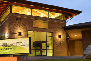 Cesar Chavez Library Exterior lit up at night