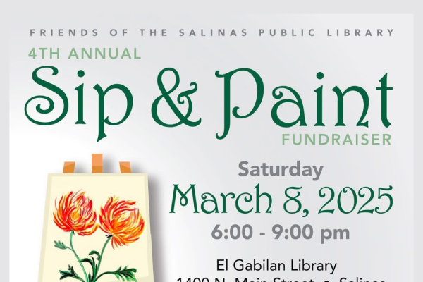 An easel with two orange wildflowers is set up on a light green background to promote the friends of the library sip and paint event in March 2025