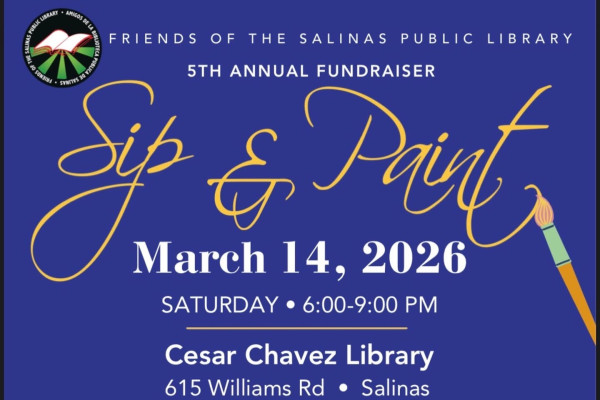 Ad for the friends of the library's 5th annual Sip & Paint fundraiser on March 14 2026 featuring a dark blue background and beautiful swoopy title