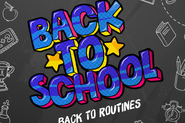Blue striped bubble text with 'Back to School' centered on a gray background with chalk white doodles all around to promote Hoopla content