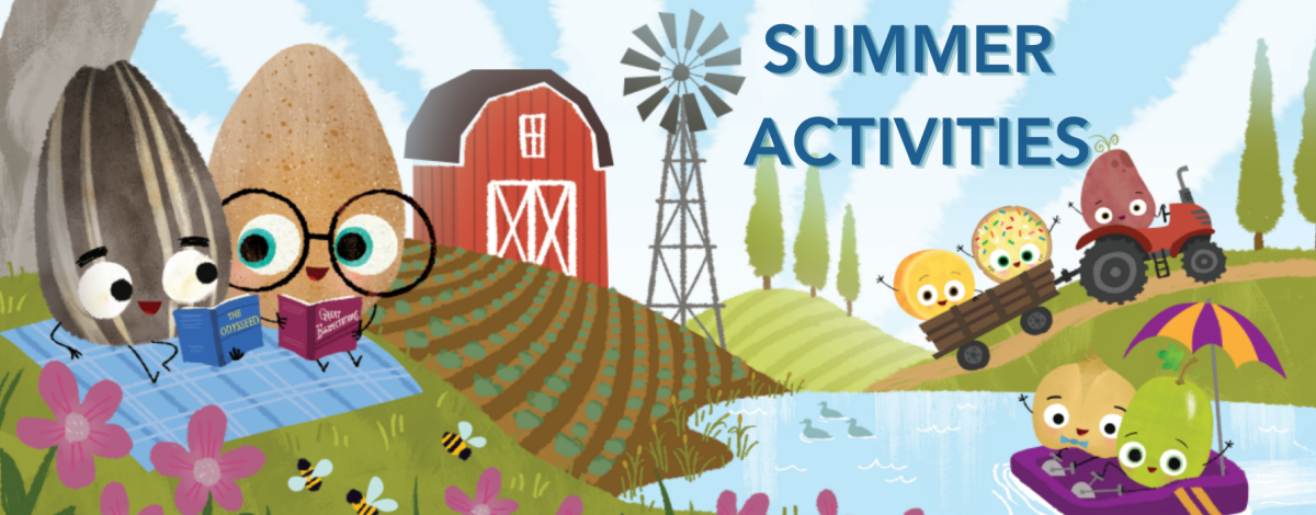 Farm scene with anthropomorphic seeds and fruits. Two seeds read books on a picnic blanket, a barn and windmill are in the background, and fruits ride in a tractor and a boat.