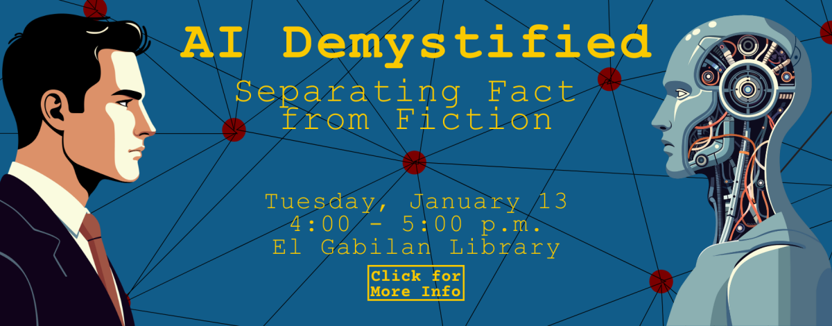 A promotion for a presentation about artificial intelligence. A man and a robot face each other on either side of the title. The event is on January 13th at 4 p.m. at El Gabilan Library.