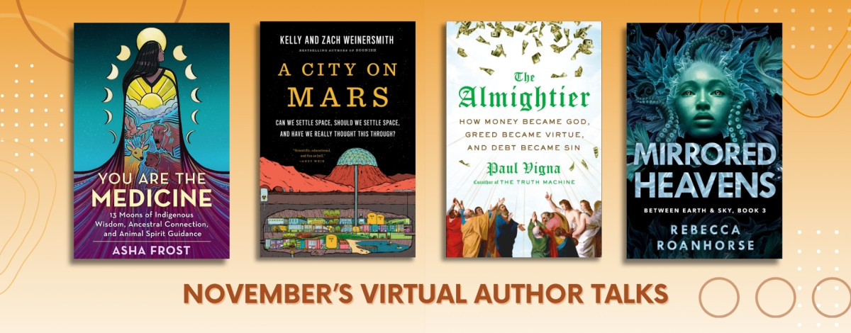 Four books together above the text “November’s Virtual Author Talks” on an orange background.