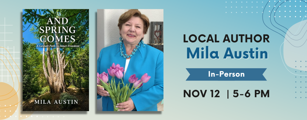 Author Mila Austin in a blue blazer holding pink tulips, a picture of the cover of her book, "And Spring Comes"