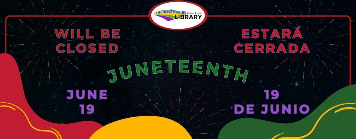 Library closure for Juneteenth on June 19 2026 with a black background; library logo; and red, yellow, and green accents