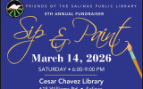 Ad for the friends of the library's 5th annual Sip & Paint fundraiser on March 14 2026 featuring a dark blue background and beautiful swoopy title