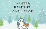 Penguin reading in the snow. Text: Winter Reading Challenge. 