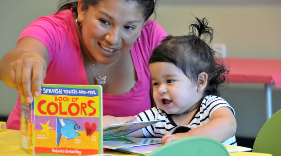 Parent and child reading bilingual book "Book of Colors" by Rebecca Emberley during playgroup.