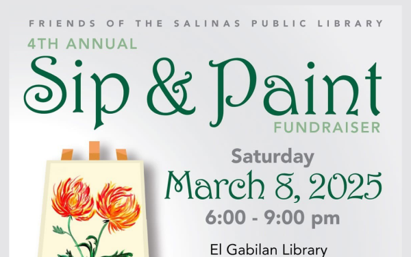 An easel with two orange wildflowers is set up on a light green background to promote the friends of the library sip and paint event in March 2025