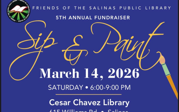 Ad for the friends of the library's 5th annual Sip & Paint fundraiser on March 14 2026 featuring a dark blue background and beautiful swoopy title