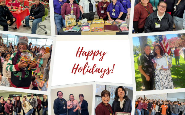 Collage of nine images of Literacy staff and students celebrating, with text reading "Happy Holidays!"