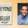 Author Nir Eyal alongside the cover of his book Beyond Belief.