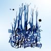 Abstract blue watercolor trees with dark ink calligraphy on a soft blue gradient background.