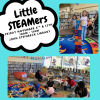 Families playing with toys in the library. Title "Little STEAMers" with the date, time, and library.