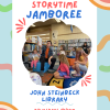 Librarian reading to children with a rainbow border. Text: Storytime Jamboree-John-Steinbeck-Library