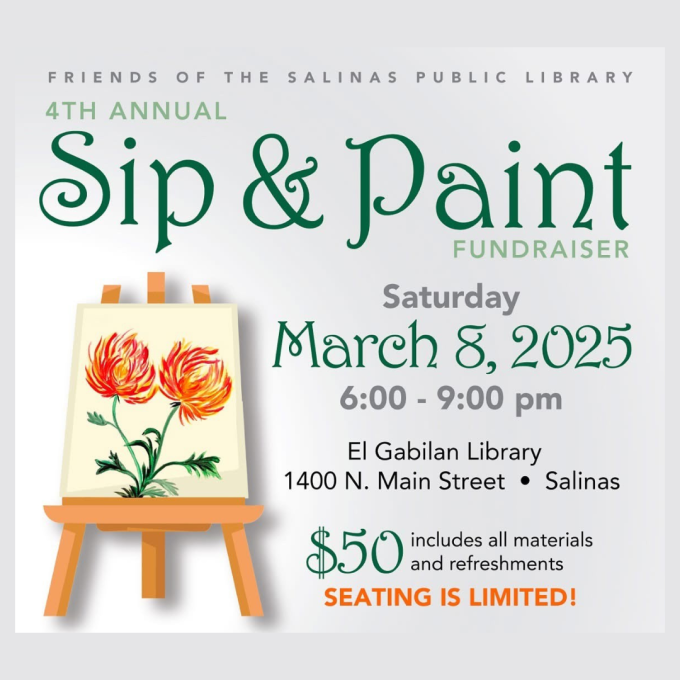 An easel with two orange wildflowers is set up on a light green background to promote the friends of the library sip and paint event in March 2025