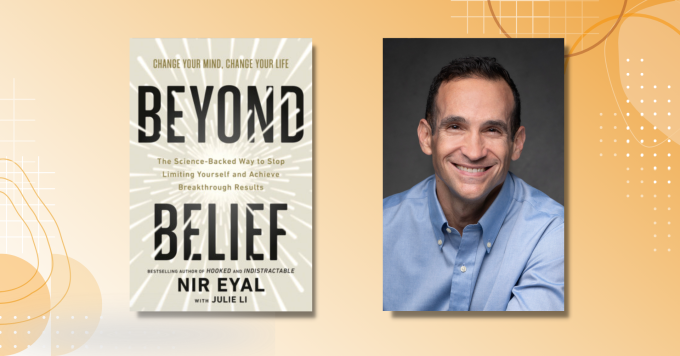 Author Nir Eyal alongside the cover of his book Beyond Belief.