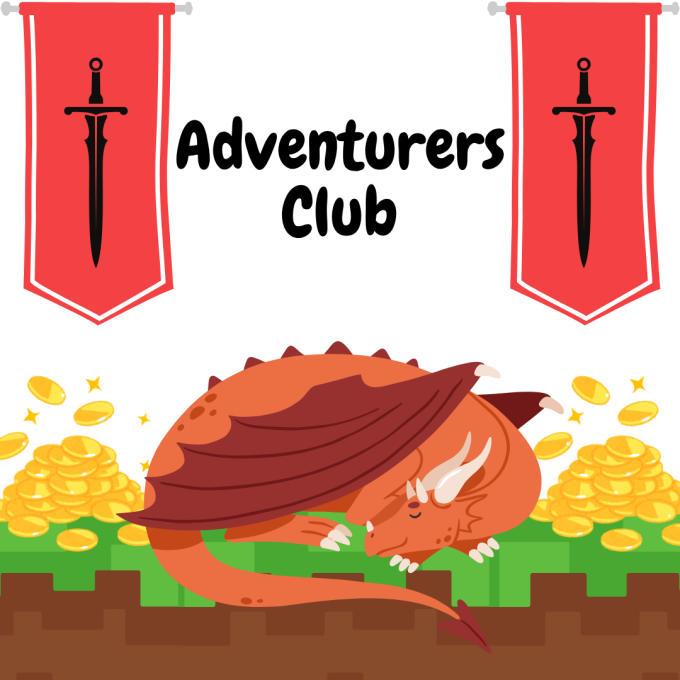 A dragon with piles of gold under the title, 'Adventurers Club,' between two banners with swords.