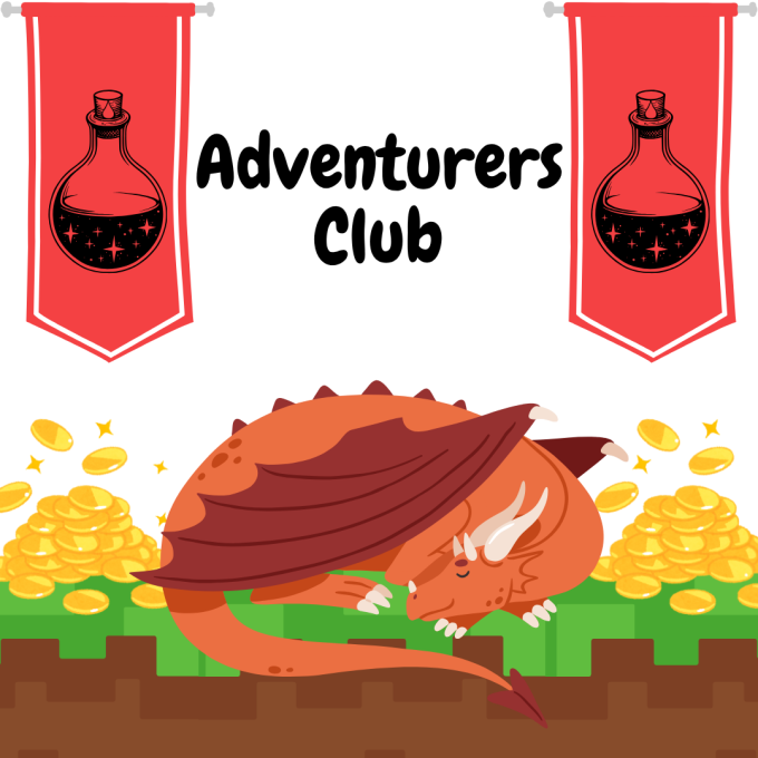 A dragon with piles of gold under the title, 'Adventurers Club,' between two banners with potions.