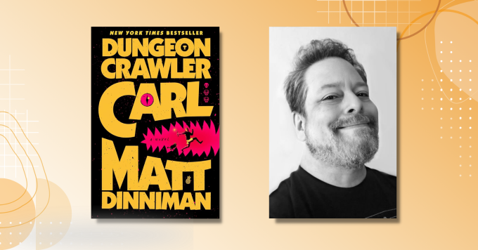 Author Matt Dinniman alongside the cover of his book Dungeon Crawler Carl.