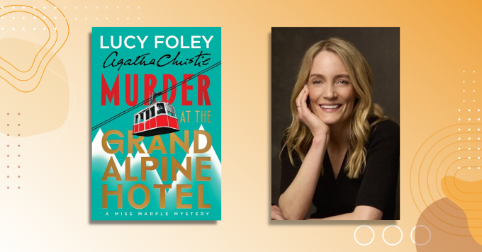 Author Lucy Foley alongside her book "Murder at the Grand Alpine Hotel."