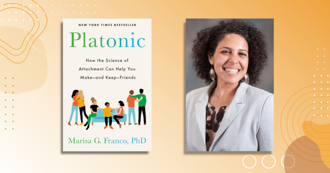 Author Dr. Marisa Franco alongside the cover of her book Platonic.