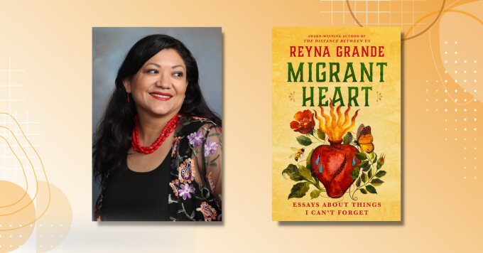 Author Reyna Grande alongside the cover of her book 'Migrant Heart.'