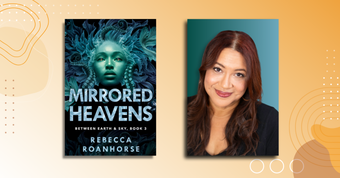 Book cover titled “Mirrored Heavens” and a headshot portrait of a woman on an orange background.