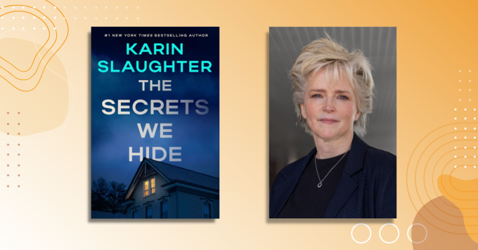 Author Karin Slaughter alongside the cover of her book The Secrets We Hide.