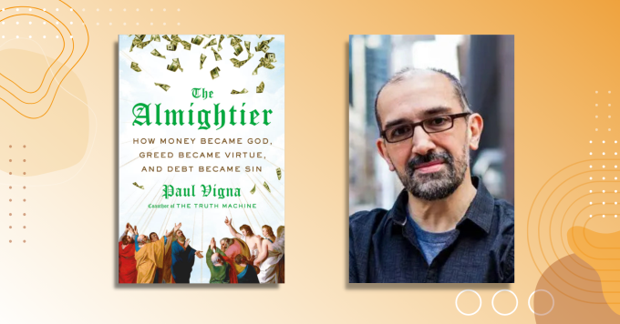 A book titled "The Almightier”, and portrait photo of a smiling man with glasses and a beard.