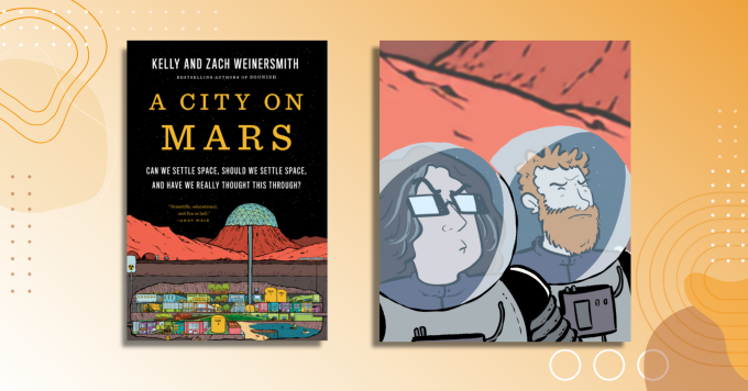 A book titled “A City on Mars” and two helmeted cartoon astronauts on a red Martian landscape.