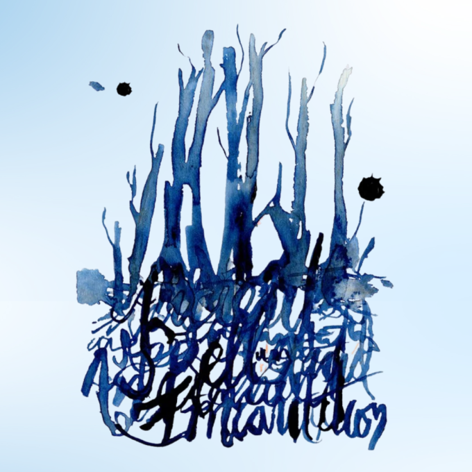Abstract blue watercolor trees with dark ink calligraphy on a soft blue gradient background.