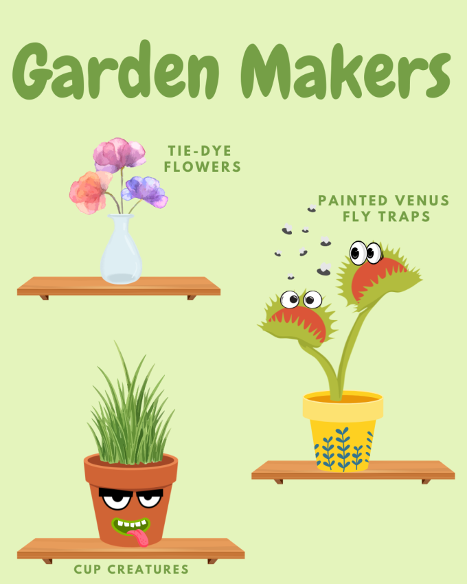 Flyer for Garden Makers program featuring several potted plants on shelves.