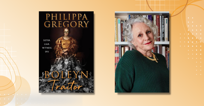 Photo of author Philippa Gregory alongside the cover of her book Boleyn Traitor.