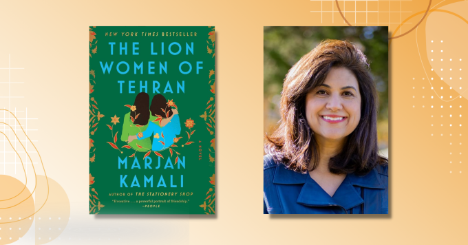 Photo of author Marjan Kamali alongside the cover of her book The Lion Women of Tehran.