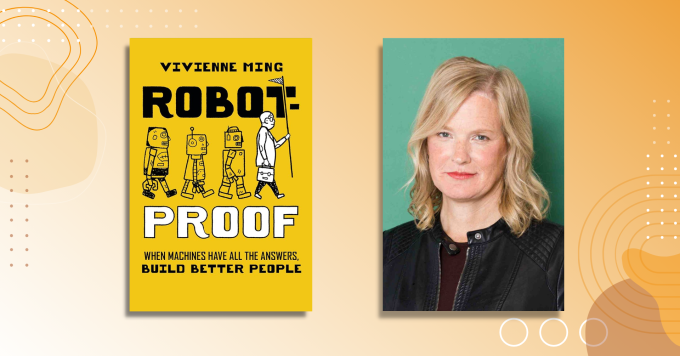 Photo of author Dr. Vivienne Ming alongside the cover of her book Robot-Proof.