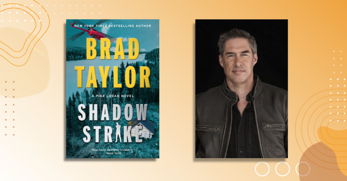 Photo of author Brad Taylor alongside the cover of his book Shadow Strike.