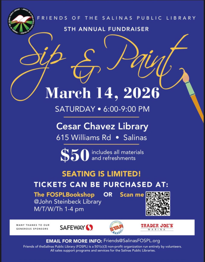 Ad for the friends of the library's 5th annual Sip & Paint fundraiser on March 14 2026 featuring a dark blue background and beautiful swoopy title