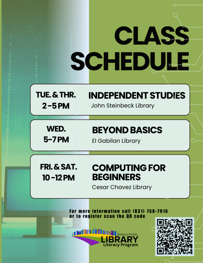 Computer class schedule flyer - see schedule information below