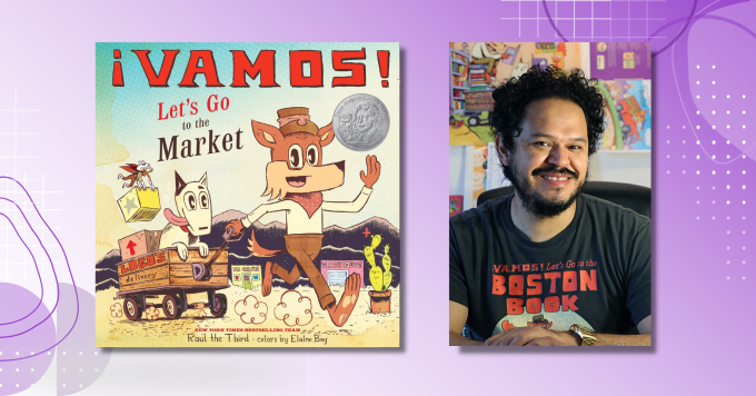 Photo of author Raul the III alongside the cover of his book ¡Vamos! Let's Go To The Market.