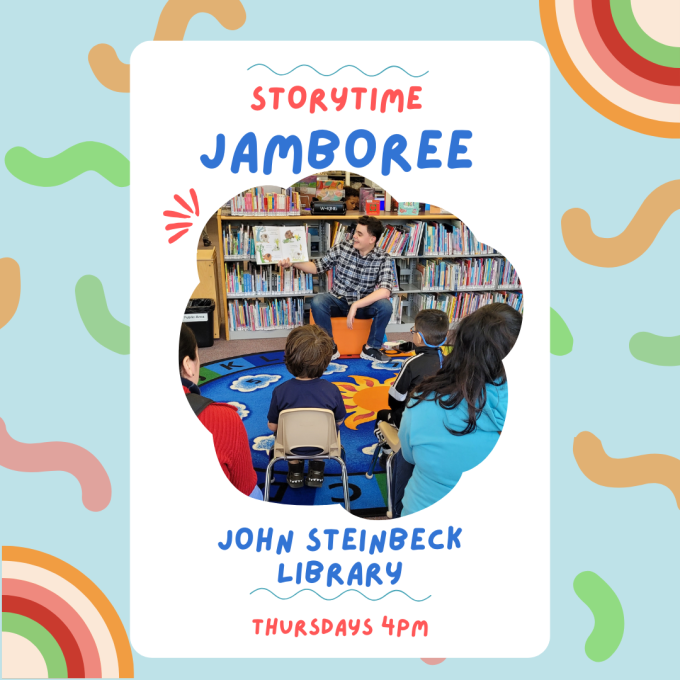 Librarian reading a story to kids. Text: Storytime Jamboree. John Steinbeck Library, Thursdays 4pm.