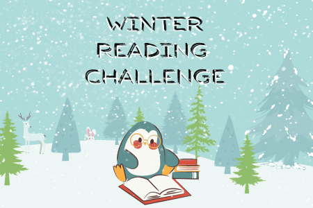 Penguin reading in the snow. Text: Winter Reading Challenge. 