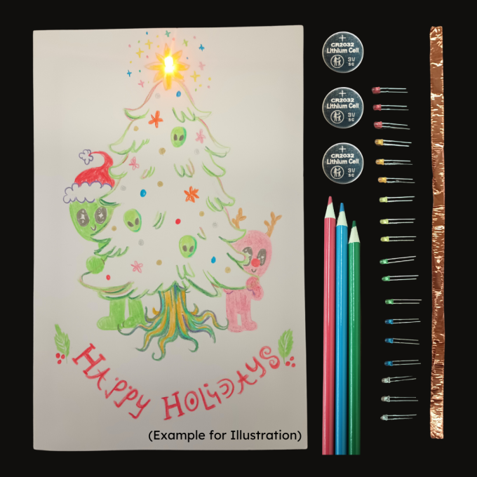 A light-up greeting card featuring two aliens celebrating Christmas. An LED shines atop the tree. 