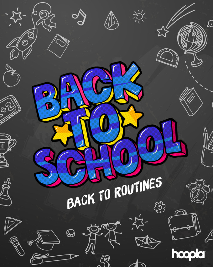 Blue striped bubble text with 'Back to School' centered on a gray background with chalk white doodles all around to promote Hoopla content