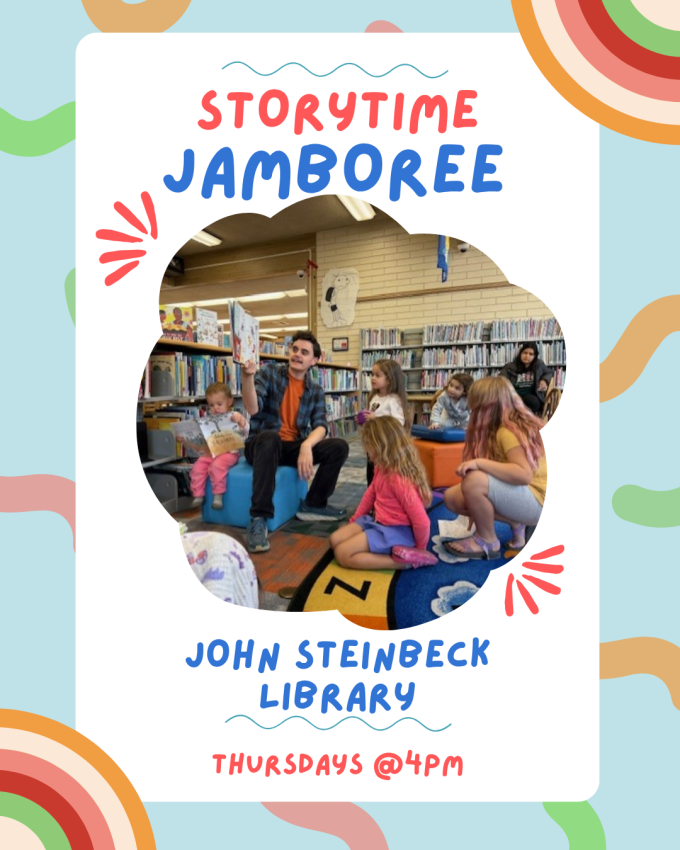 Librarian reading to children with a rainbow border. Text: Storytime Jamboree-John-Steinbeck-Library