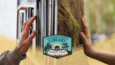 A photo of two hands touching a door and a rock wall with the California State Library Parks Pass logo in front