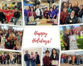 Collage of nine images of Literacy staff and students celebrating, with text reading "Happy Holidays!"