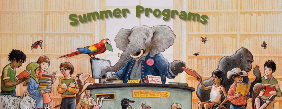 Illustrated people and animals reading at the library. Text: Summer Programs.