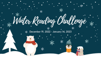 Illustrated winter scene. Text: Winter Reading Challenge. December 19, 2022 - January 14, 2023.